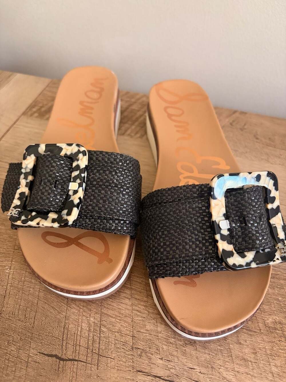 Sam Edelman Ariane Black Raffia-Style Buckle Platform Slide Sandals